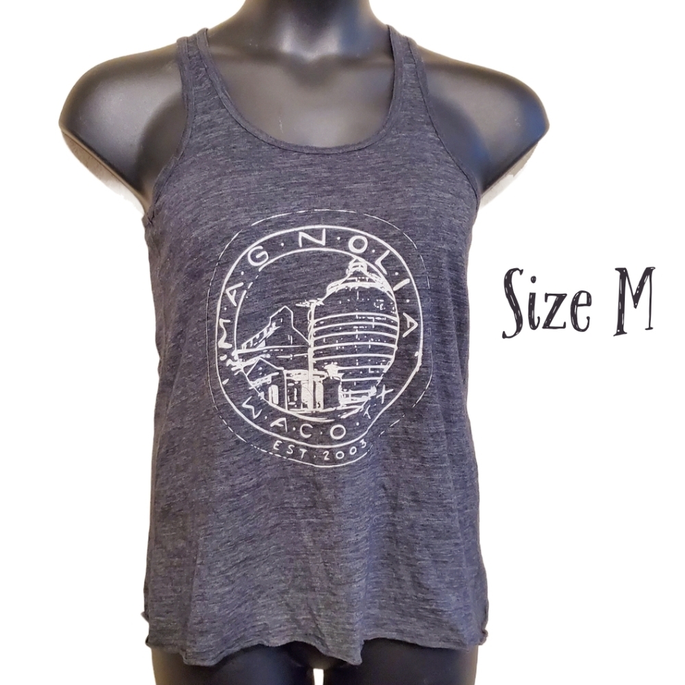 Magnolia Silos in Waco, TX, Gray racerback tank top, size Medium